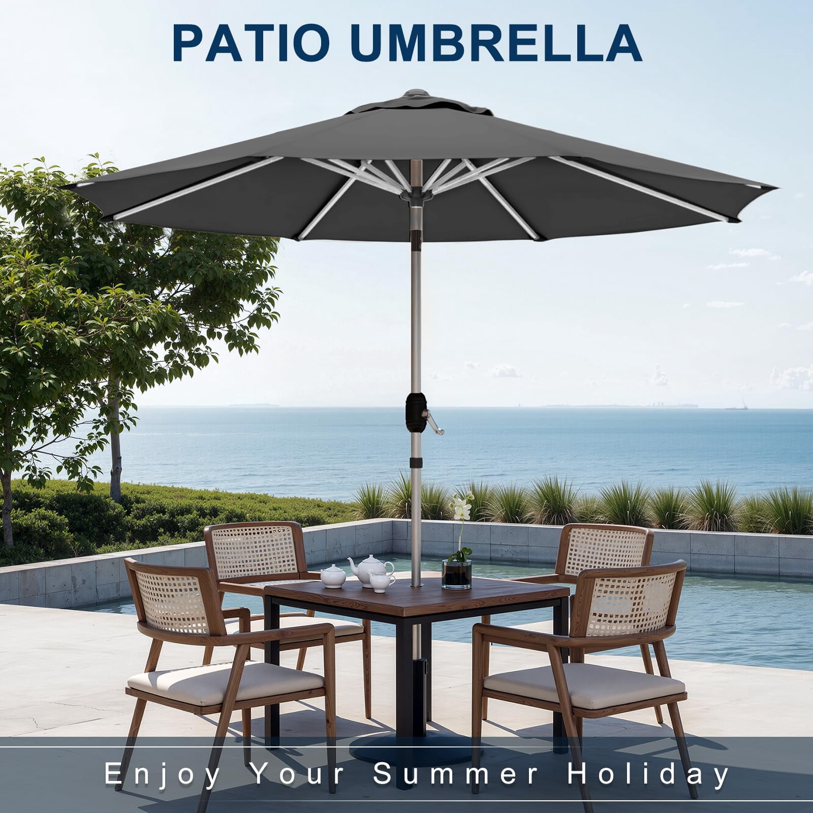9FT Aluminum Outdoor Patio Umbrella, Fade-Resistant Market Umbrella with Push Button Tilt Function, 8 Sturdy All-Aluminum Ribs for Gardens, Patios, Backyards & Pools (Grey)