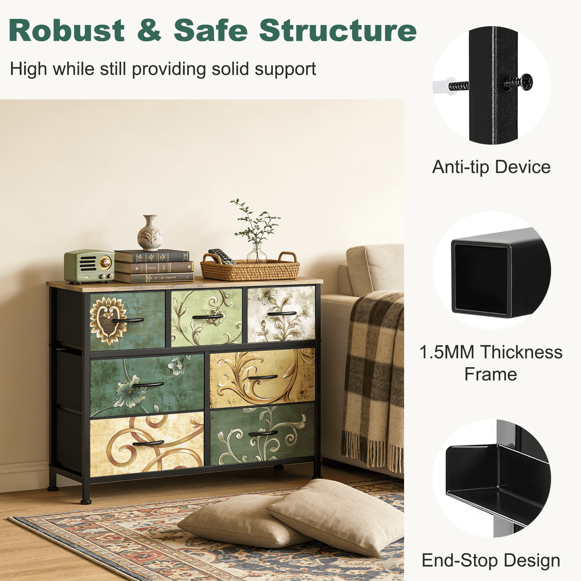 Aidoly 7-Drawer Wide Fabric Storage Dresser with Wooden Top - Space-Saving Bedroom & Closet Organizer, Floral Painted