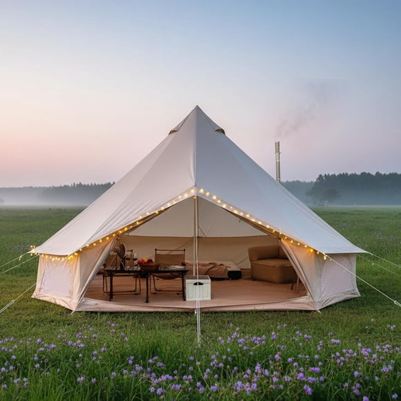 MELLCOM 3-5m Bell Tent,4 Seasons Glamping Yurt Tent for Camping with Stove Jack&Storage Pockets&Top Window&Roof Vents&Mesh Windows&Double-Layers Door
