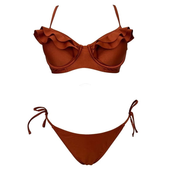 Traje de Baño Ocean Pacific para Mujer Bikini con Varilla en Top, Escote con Holanes y Tela Brillante Rojo Talla G 2 Piezas