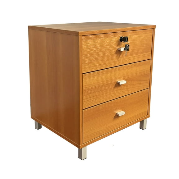CoSoTower Three Drawer Nightstand Locking Top Drawer Metal Drawer Glides Metal Bar Handles Light Cherry Color