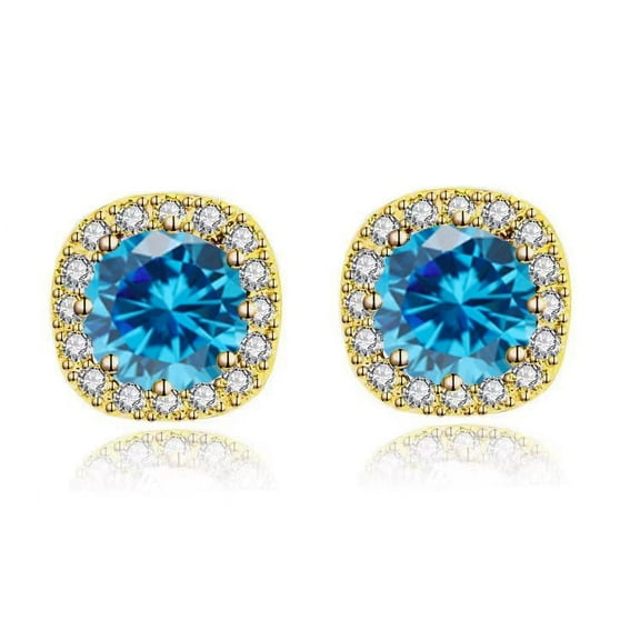 Bonjour Jewelers 18k Yellow Gold Plated 1/4 Carat Created Halo Round Blue Topaz Stud Earrings 4mm