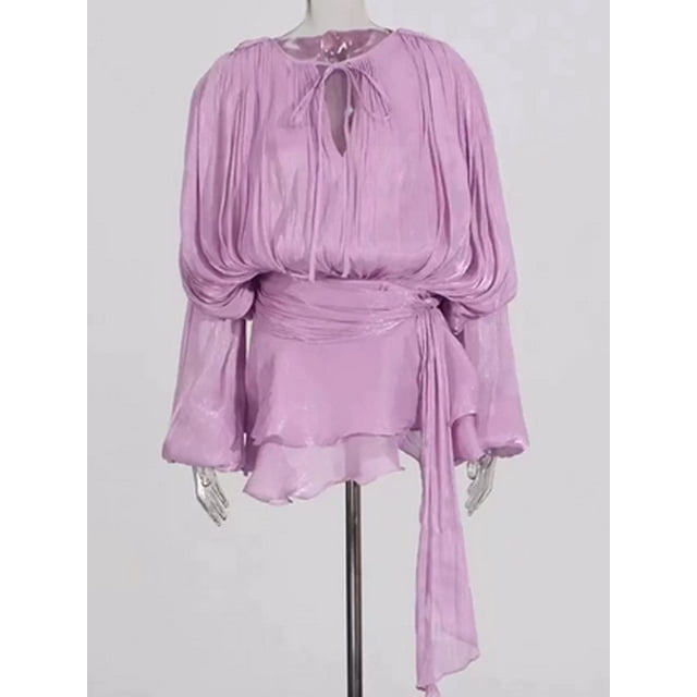 Argulvti Robe Mini à Volants pour Femmes Manches Longues Lanterne Nouée devant Couleur Unie Plissée Robe Fluide