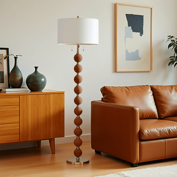 64'' 2-Light Floor Lamp With Crisp White Linen Shade, Independent Dual Pull Chain, Antique Gold Metal, Sculptural Elegance, Stacked Wood Ball, Standing Lamp(Bulbs NOT Included)