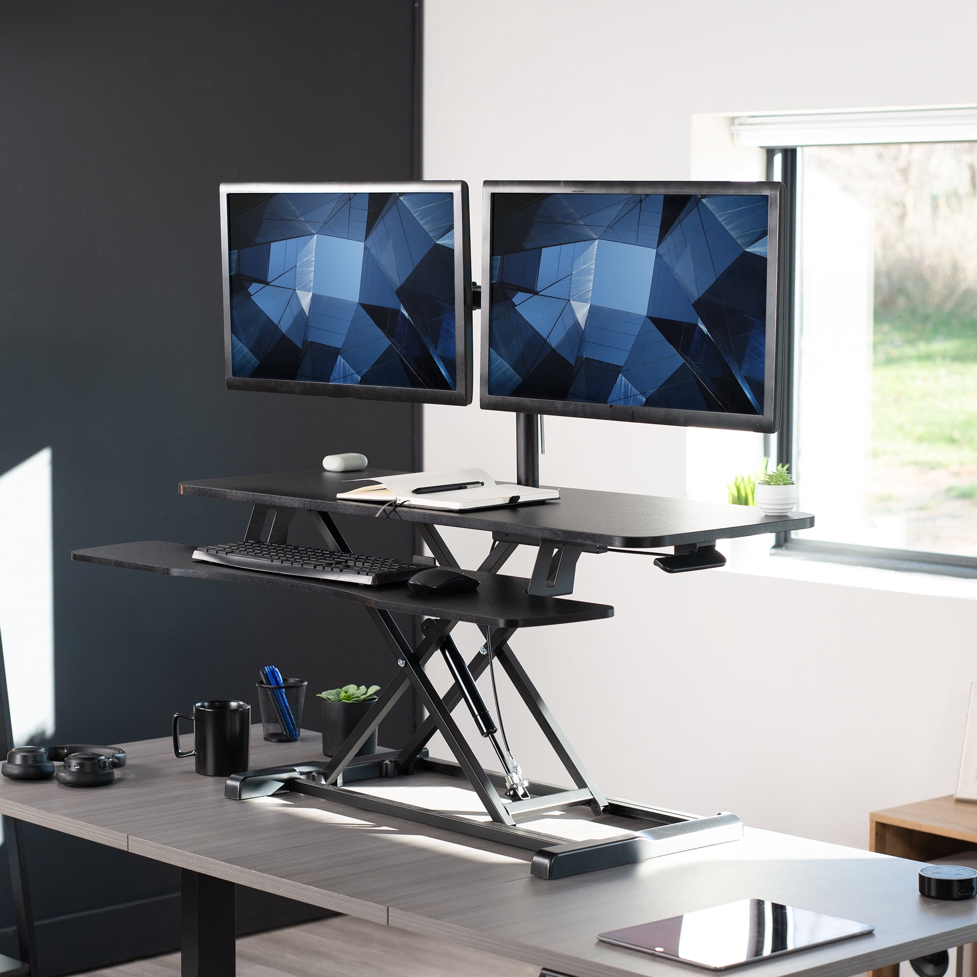 VIVO Black 42" Standing Desk Riser with Adjustable Dual 13" to 30" Monitor Mount