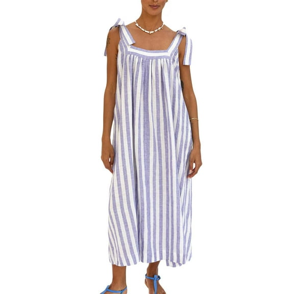 Michellecmm Women Nightgown Sleepwear Sleeveless Tie Shoulder Stripes Sleep Dress