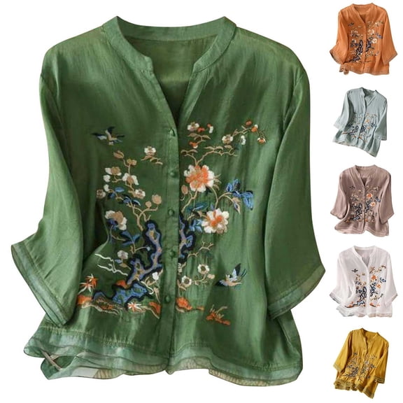 Boho Clothes for Women 3/4 Sleeve Cotton Linen V Neck Embroidered Blouses Trendy Summer Casual Tops by Yigetop Green L