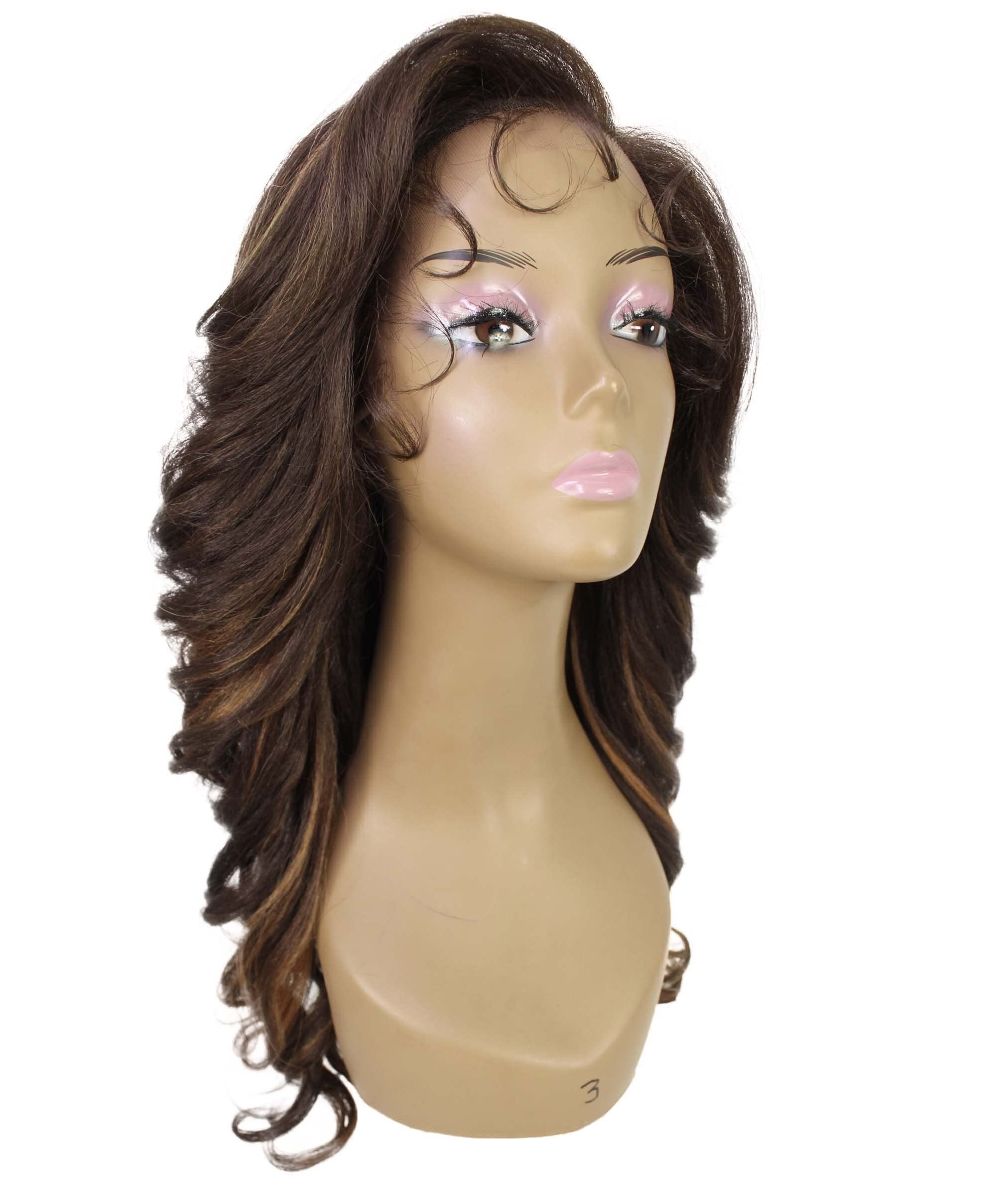 LUXLUXE Nia Wavy Glamour 20 in Long T Part Lace Front Wig, Heat Resistant Fibers, Dip Dyed, & Blended Brown with Golden Highlights Colors