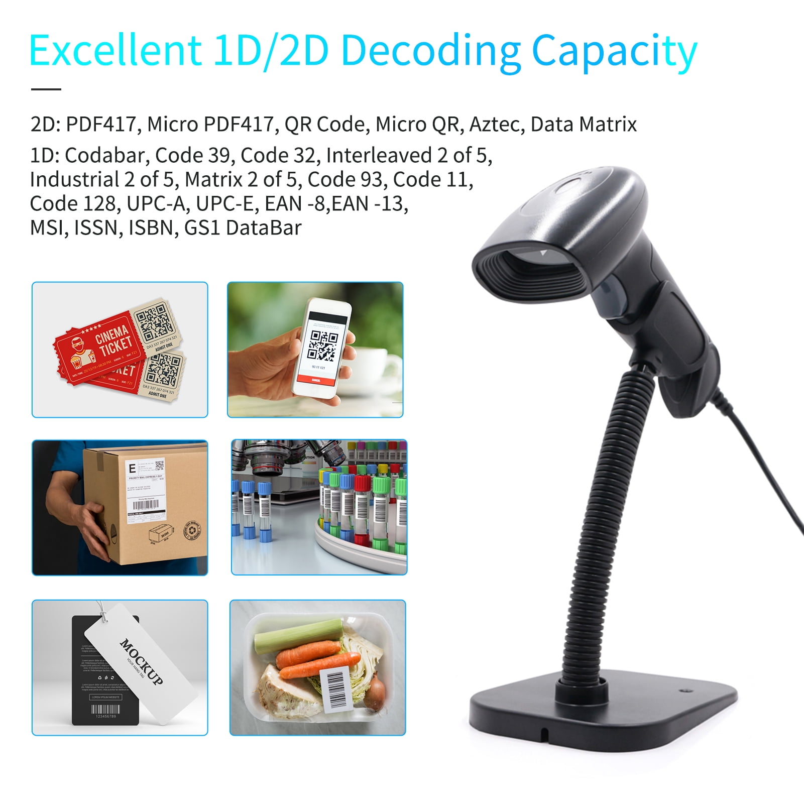 Barcode Scanner,Android Supermarket Library Wired Bar Code Windows Xp/7/8/10 Android 1d 2d Qr Code With Stand Usb Scanner 1d Compatible With Library Book Bar Code With Stand Support Retail