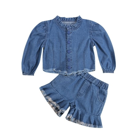 

Gwiyeopda Toddler Baby Girl Outfit Denim Lapel Long Sleeves Button Coat with Belt Jeans Tracksuit Set