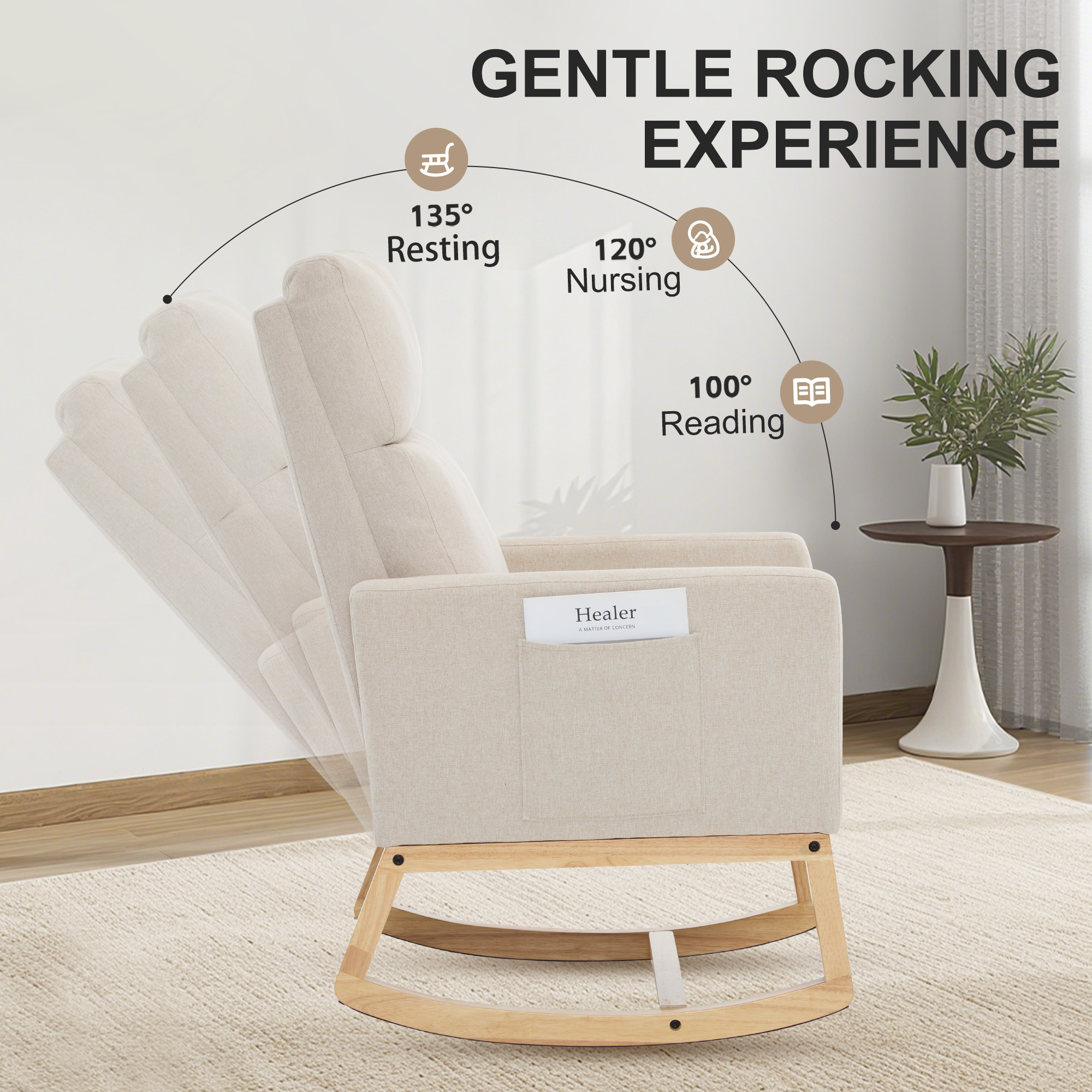 SAETSFEG Rocking Chair Nursery,Linen Upholstered Glider Rocker with Side Pocket and Wood Legs, Modern Accent Chair for Small Space, Living Room, Bedroom, Beige