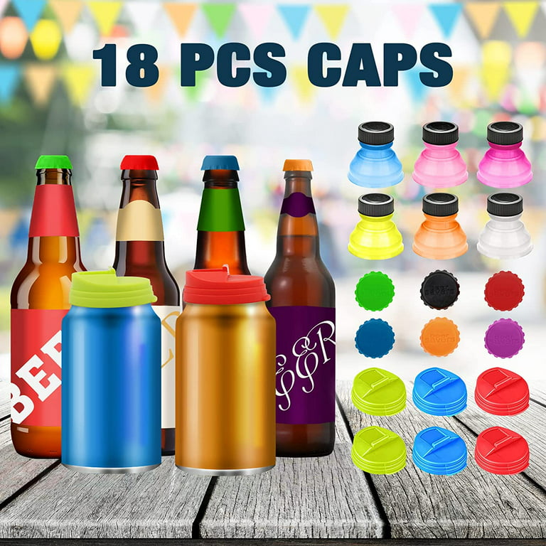 VEGCOO Bottle Lids Set, 6 Pcs Soda Can Lids + 6 Pcs Can Covers + 6 Pcs Silicone  Beer Bottle Caps, Spill-proof Bottle Tops for Soda, Beer, Juice, BPA-free  Reusable Fizz Lids 