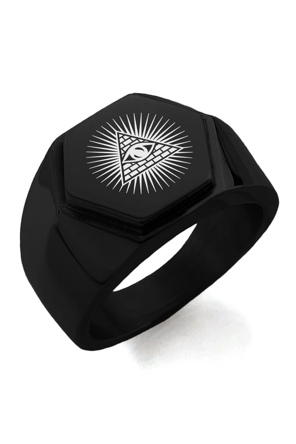 Stainless Steel All Seeing Eye of Providence Engraved Hexagon Crest Flat Top Biker Style Polished Ring