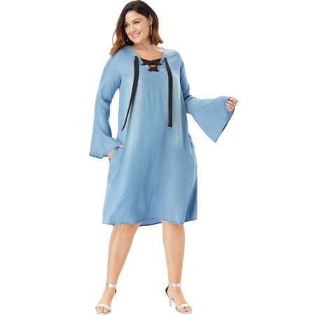 - Roaman's Plus Size Denim Trapeze Dress With Lace-up Neck