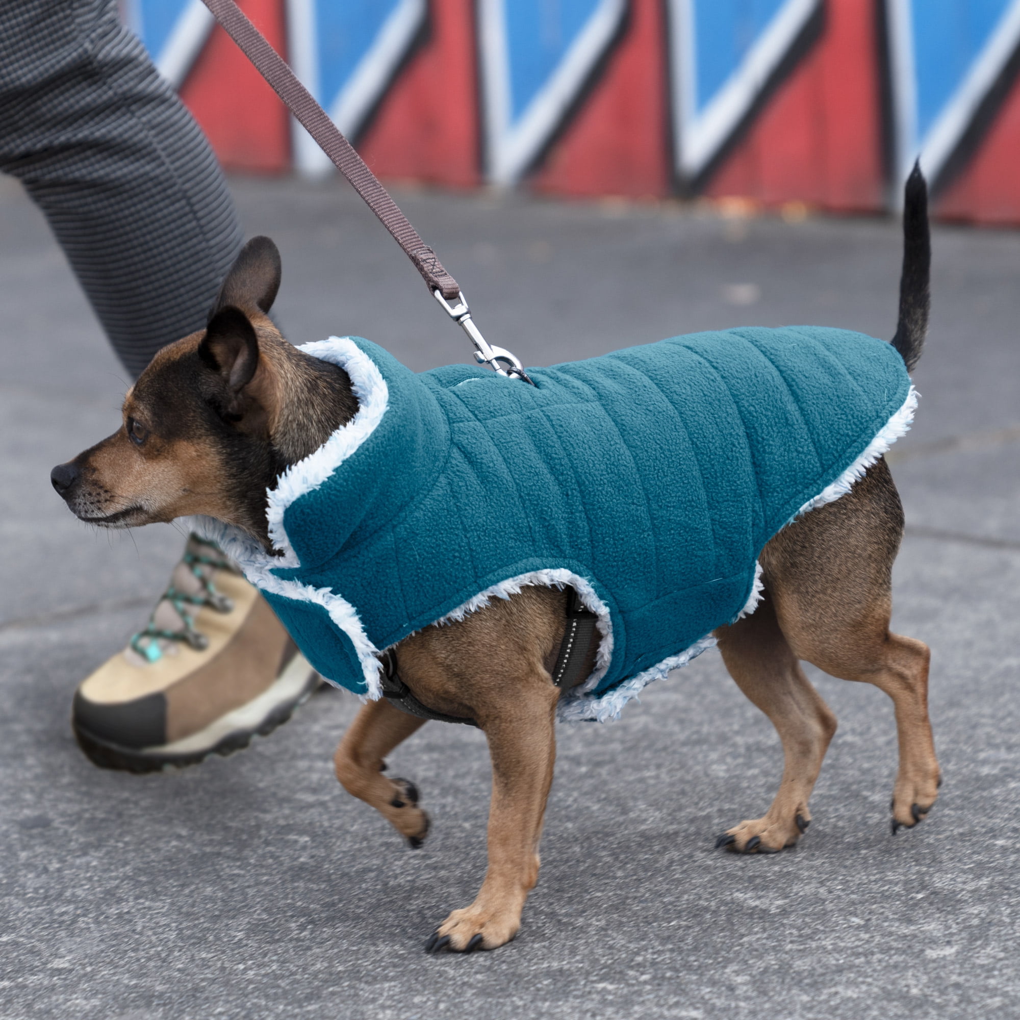 Furhaven X-Small Dog Coat Flex-Fit Reversible Sherpa & Plaid Fleece Jacket Washable - Cream/Red Ex FurHaven Flex-Fit Reversible Plush Faux Fur Dog Coat - Small