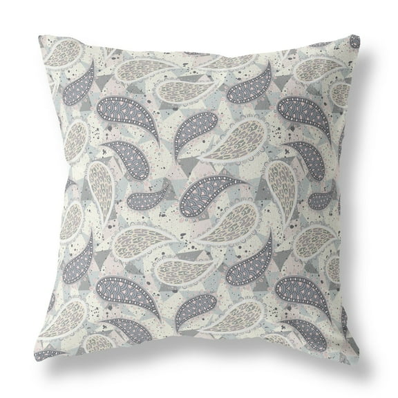 16â€ Gray Cream Boho Paisley Indoor Outdoor Throw Pillow