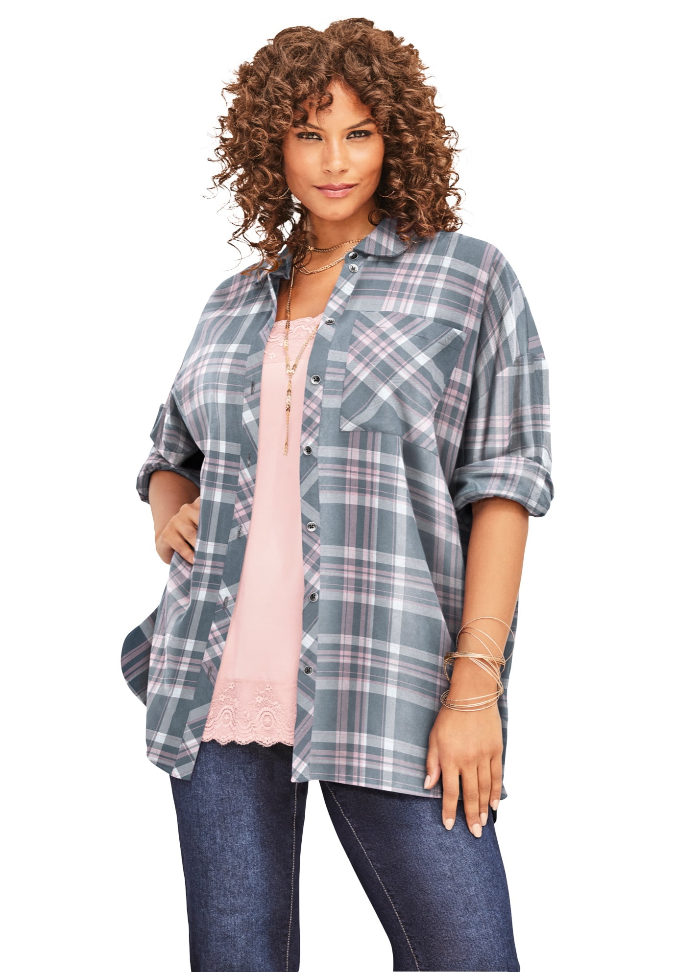 Roaman's - Roaman's Women's Plus Size Flannel Tunic Plaid Shirt ...