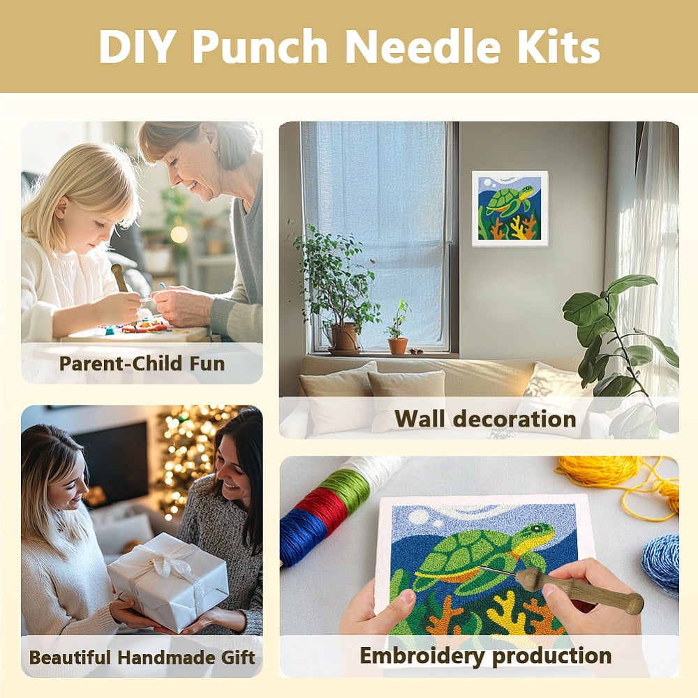 Polyester Cotton Punch Needle 4Folded Yarns Embroidery Kits Included Threader Cotton Thread Punch Needle Thread Clips 3.5MM Wooden Needle Turtle