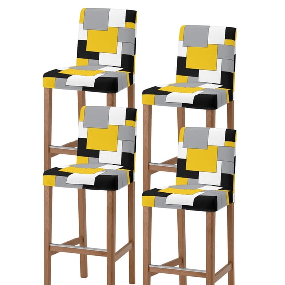 Yellow Grey Black Geometric Bar Stool Covers Set of 4, Middle Century Art Abstract Aesthetics Stretch Bar Chair Covers with Backs, Removable Pub Counter Chair Cover for Kitchen Dining Room Cafe