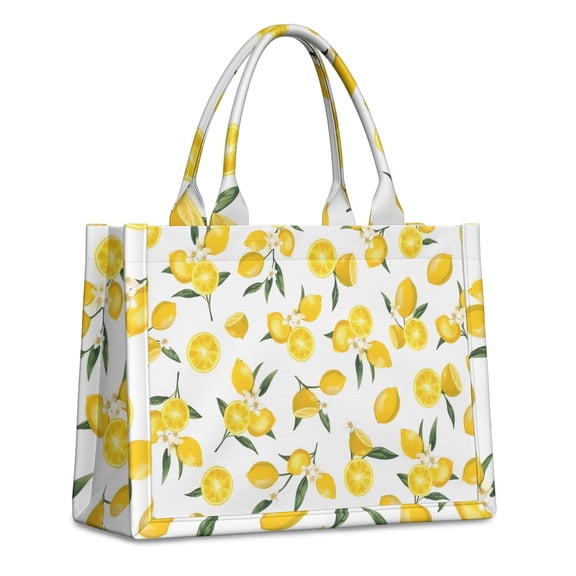 Large Capacity Tote Bag,Yellow Lemon Fruit Flowers White Pattern Handbag Fashion Luxury Tote Bag,15.7"x13"x 5.1" Inches,Laptop Compatible