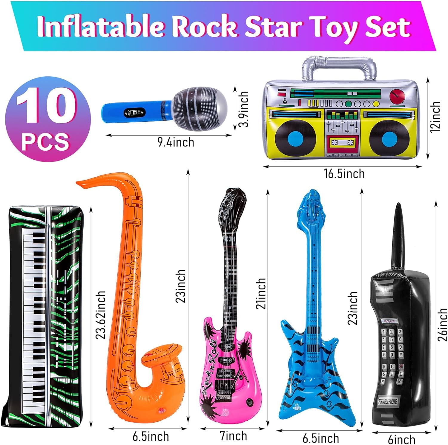 Lot de 15 jouets gonflables Rockstar - Kit de jeu d'instruments de musique gonflables - Microphone de saxophone de guitare gonflable - Accessoire de fête - Jouet de fête de carnaval