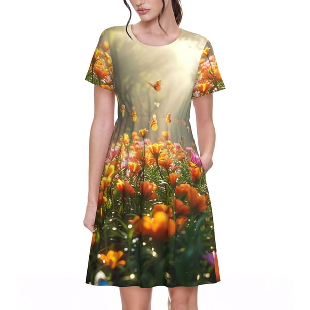 Easygdp Butterflies In Flower Field para Vestido Transpirable de Mujer, Vestido Suelto de Manga Corta con Pliegues y Bolsillos para el Verano