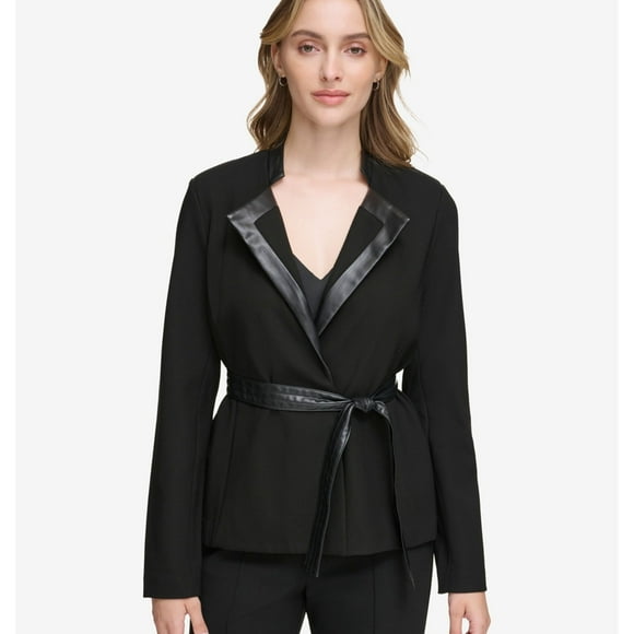 Calvin Klein Womens Faux Leather Trim Blazer Jacket, Black, 4