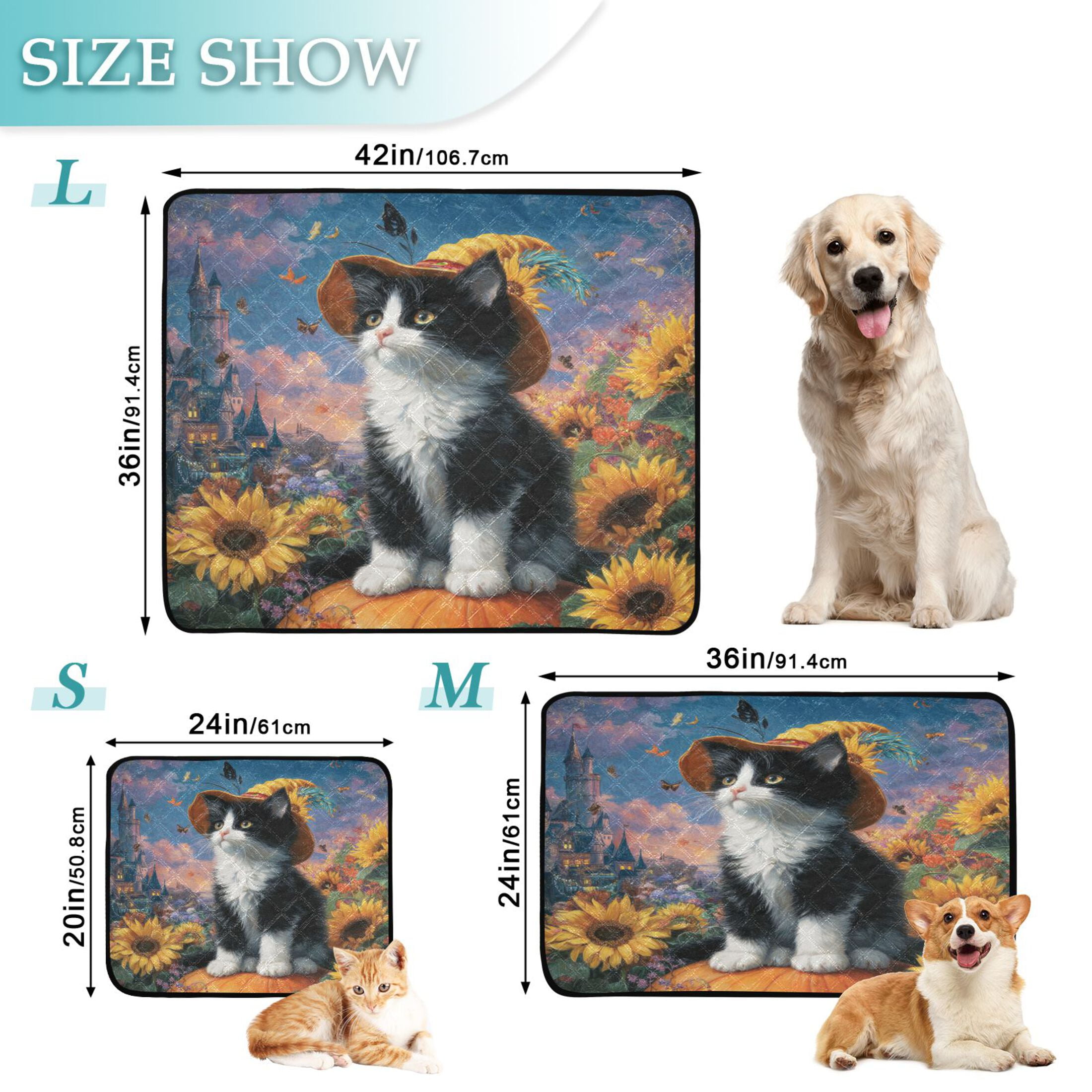 Qxltty Sunflower Black Cat Cat litter Pads Pet Set of 3 Diaper Mats Center Anti-leakage Layer Absorbent Soft and Comfortable