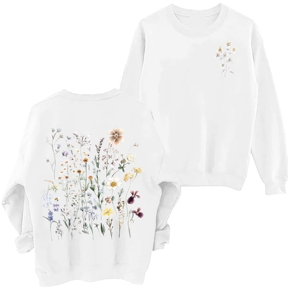 Arlun Women's Floral Printed Sweatshirts Vintage Flower Graphic Drop Shoulder Long Sleeve Sweatshirt Cute Boho Thermal Comfy Crewneck Pullover Tops 3-White XL