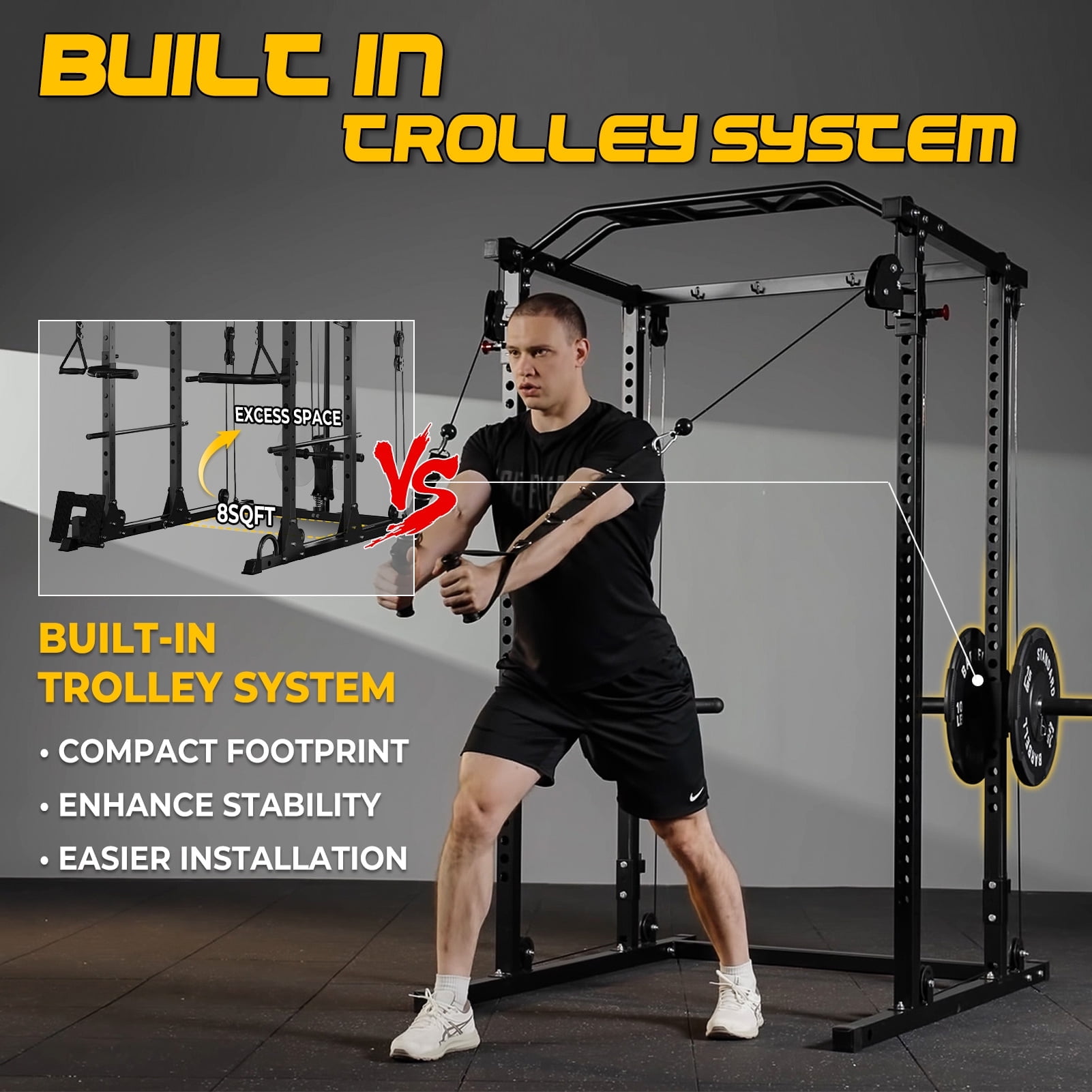 Mikolo Power Cage, Squat Rack with Dual Pulley Cable Crossover System, Multi-function Free Weight Home Gym Workout Machine