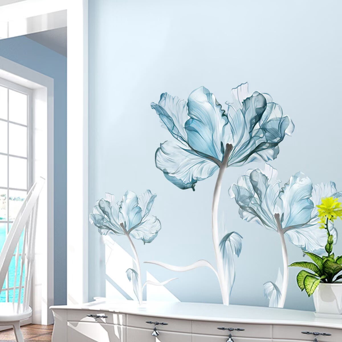Large Blue Flower Wall Decals Poppy Floral Wall Art Stickers for Girls Bedroom Living Room Bathroom Office TV Background Decor