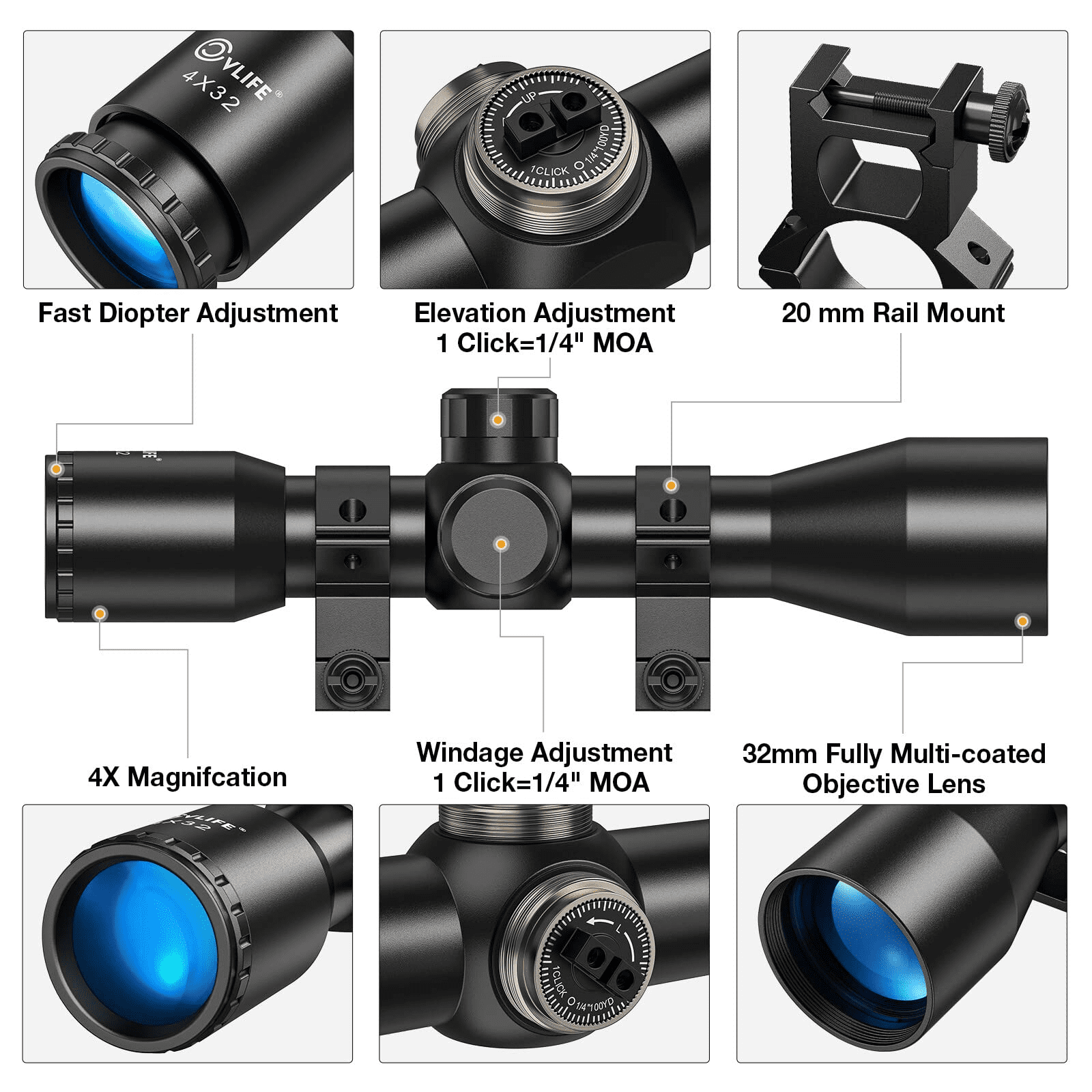 CVLIFE 4x32 Scope Crosshair Optics with 20mm Free Mounts