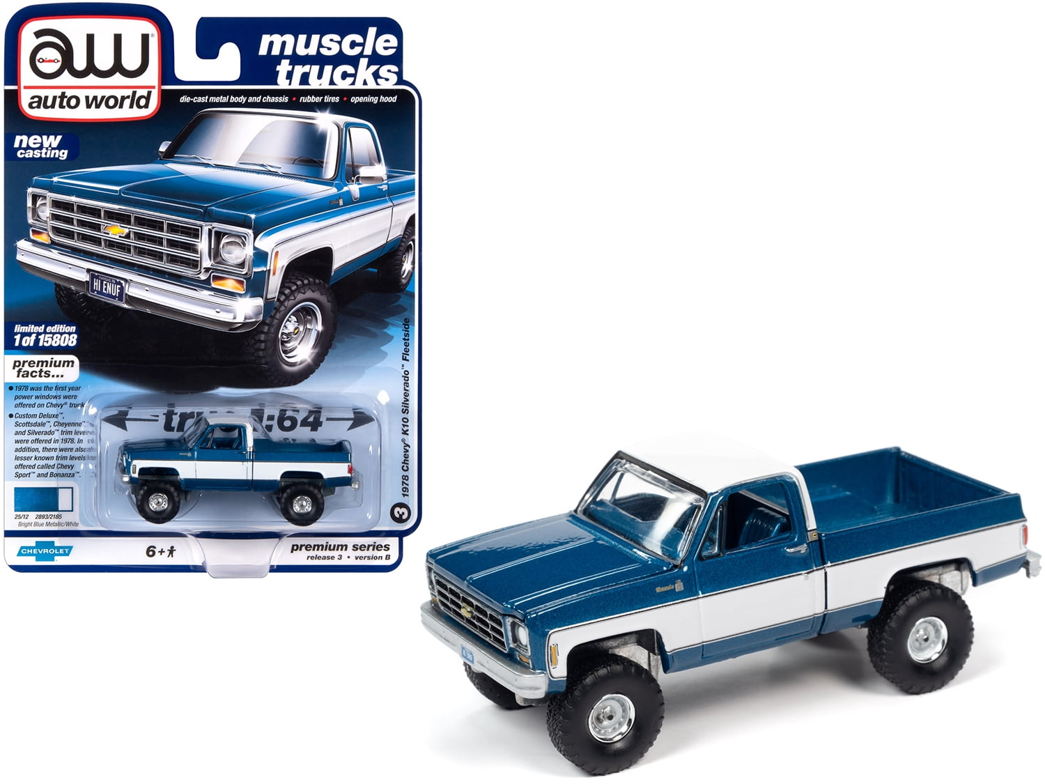 Autoworld 1/64 diecast Model of 1978 Chevy K10 Silverado Fleetside Pickup Truck Blue Iridescent Metallic & White Ltd Ed to 15808 pcs 64262-AWSP044 B 