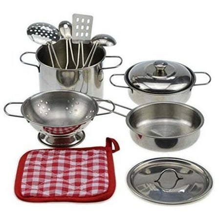 10-piece Playset Metal Pots and Pans Kitchen Cookware for Kids with Cooking Utensils