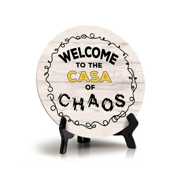Signs ByLITA Circle Welcome to The Casa of Chaos Wood Color, Entrance Decor Table Sign (5"x5'')