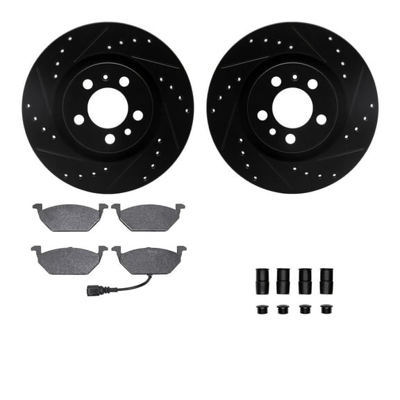 Dynamic Friction Company Front Brake Rotors-Drilled and Slotted-Black with 5000 Advanced Brake Pads includes Hardware 8512-74028