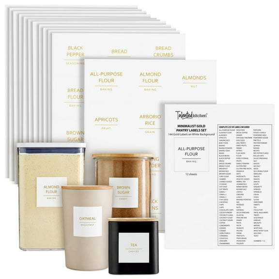 Talented Kitchen Labels for Storage Bins - Water-Resistant Food Container Stickers - Vinyl Jar Labels with Gold Text - Preprinted Pantry Container Stickers - 2.5 x 2.5 in, Pack of 144