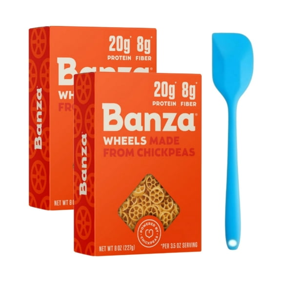 Banza Wheels Pasta from Chickpeas - Gluten Free, High Protein, and Lower Carb Protein Noodles, 8oz (2 pack) and 8in Silicone Spatula (Color Varies)