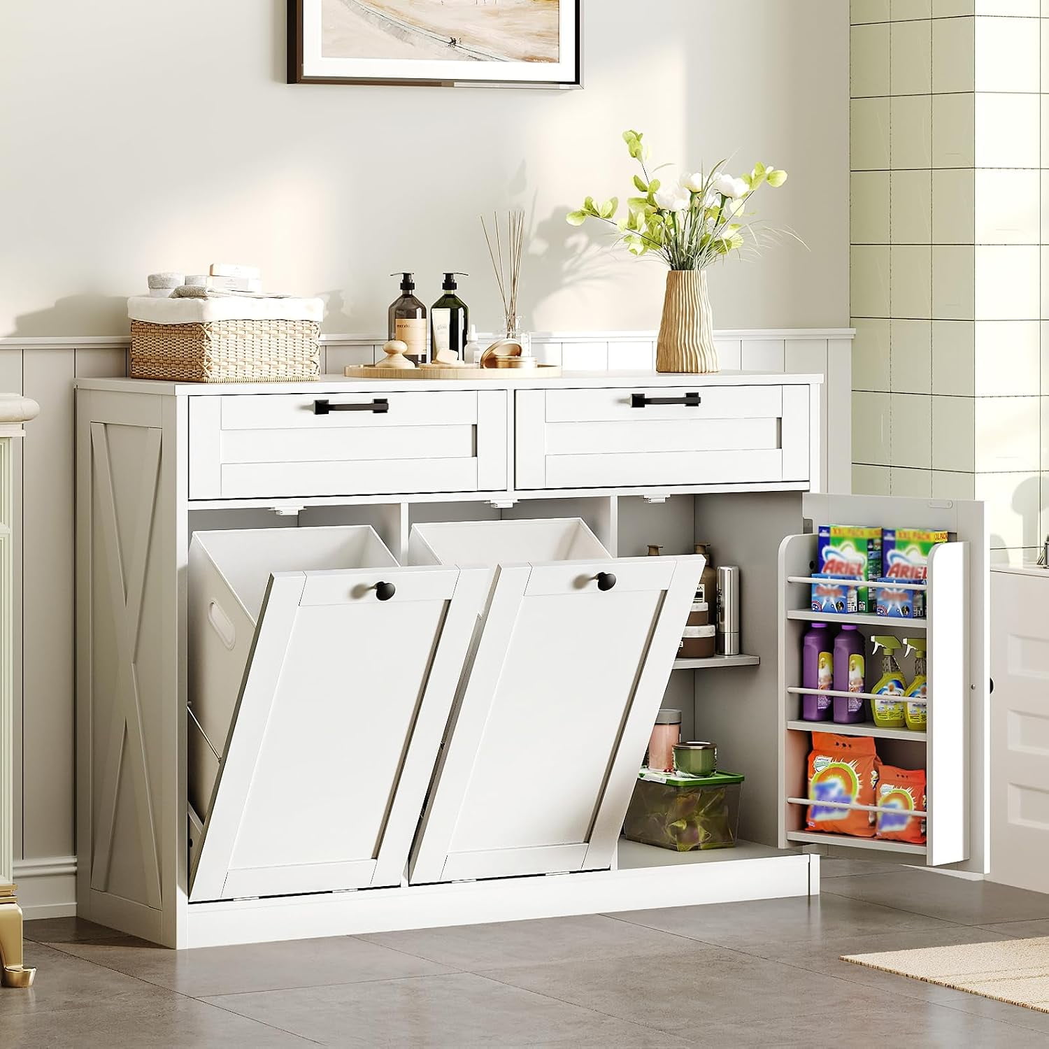 Double Tilt Out Laundry Hamper Cabinet, 43.3" Laundry Cabinet with 2 Removable Baskets, Farmhouse Wooden Hidden Trash Bin Cabinet with Open Shelving, for Bathroom, White