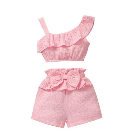 

Fesfesfes Toddler Baby Girls Ruffle One Shoulder Clothes Sling Cute Bow Two-piece Suit