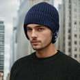thumbnail image 4 of AWZXDE Mens Hats Winter Warm Knitted Beanie With Ear Warmers Lined For Cycling Outdoor Thickened Slouchy Cap Navy, 4 of 5