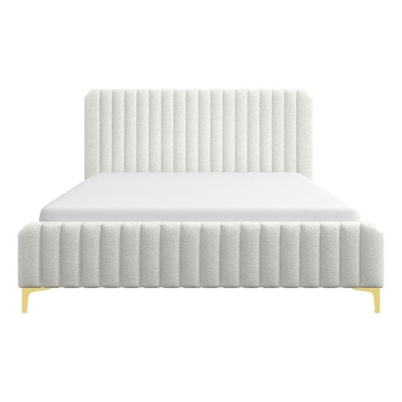 Pemberly Row Upholstered Mid-Century Fabric King Size Platform Bed in Cream