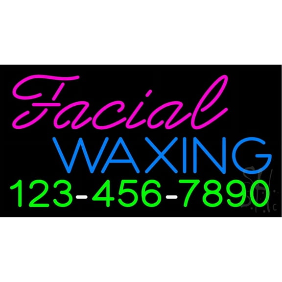 Block Facial Waxing with Phone Number LED Neon Sign 20 x 37 - inches, Black Square Cut Acrylic Backing, with Dimmer - Bright and Premium built indoor LED Neon Sign for Spa decor and storefront.