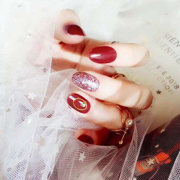 Jbhelth Manicure Finished Product Glitter Diamond Fake Nails Bridal Red Nail Tips Round Head Short False Nail Patches With Glue Walmart Com