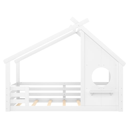 Bellemave Full House Floor Bed with Window and Shelf, Solid Wood Montessori Bed with Roof, Low to Ground House Bed with High Fence for Bedroom, White