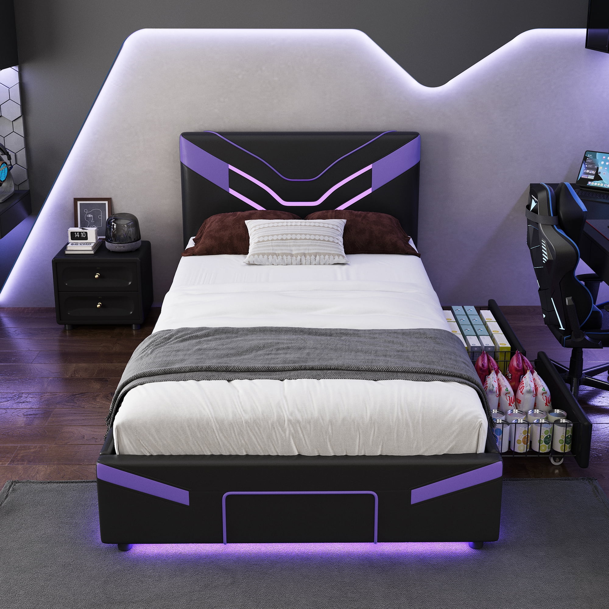 Twin Size Upholstered Gaming Bed Frame with LED Lights, PU Leather Platform Bed with Storage Shelf, 2 Steel Drawers, Purple