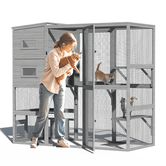 TIMHAKA Large Cat Enclosure, 4 Tiers Catio w/ Weatherproof Roof, 3 Resting Rooms, 3 Platforms & 2 Large Doors for Outdoor Indoor Cats, 76”×33”×71”