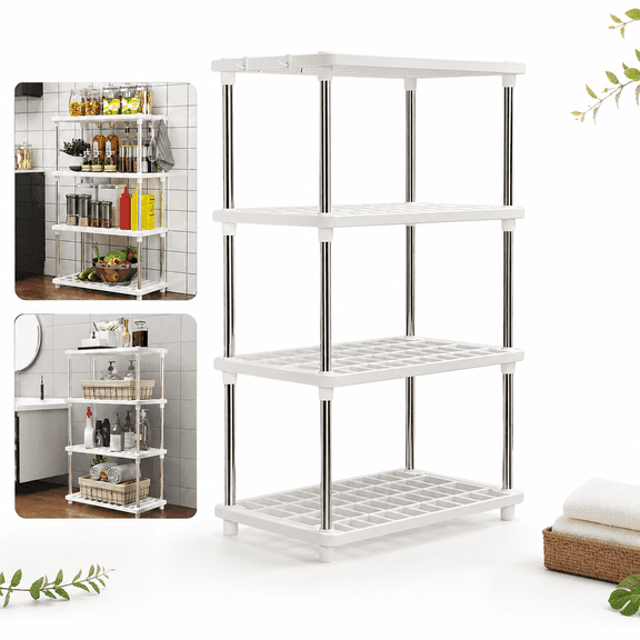 Storage Shelves 4 Tier Storage Shelving Unit Pantry Shelves Connectable Shelves Floor Storage Rack Metal Wire Rack Adjustable Shelf Closet Storage Rack Sturdy Kitchen Shelf Plastic