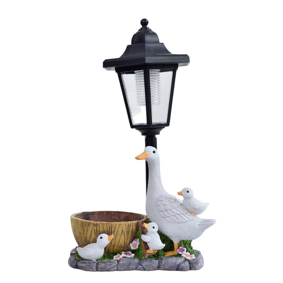 Outdoor Garden Solar Lamp Post with Duck Family Figurine and Planter Decorative Yard Lighting for Patio Pathway Lawn