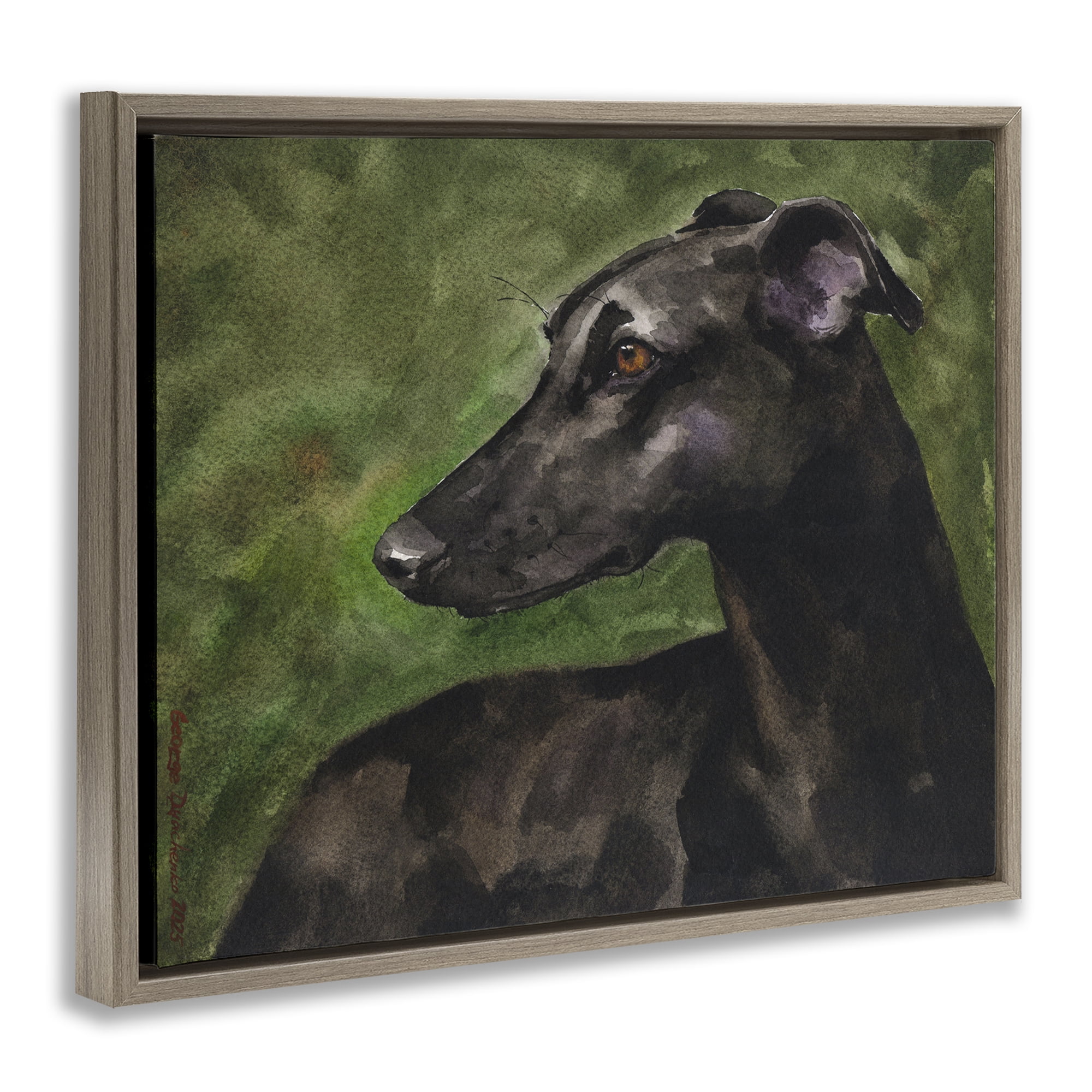 Stupell Industries Black Greyhound Portrait Brown Framed Floater Canvas Wall Art, design by George Dyachenko
